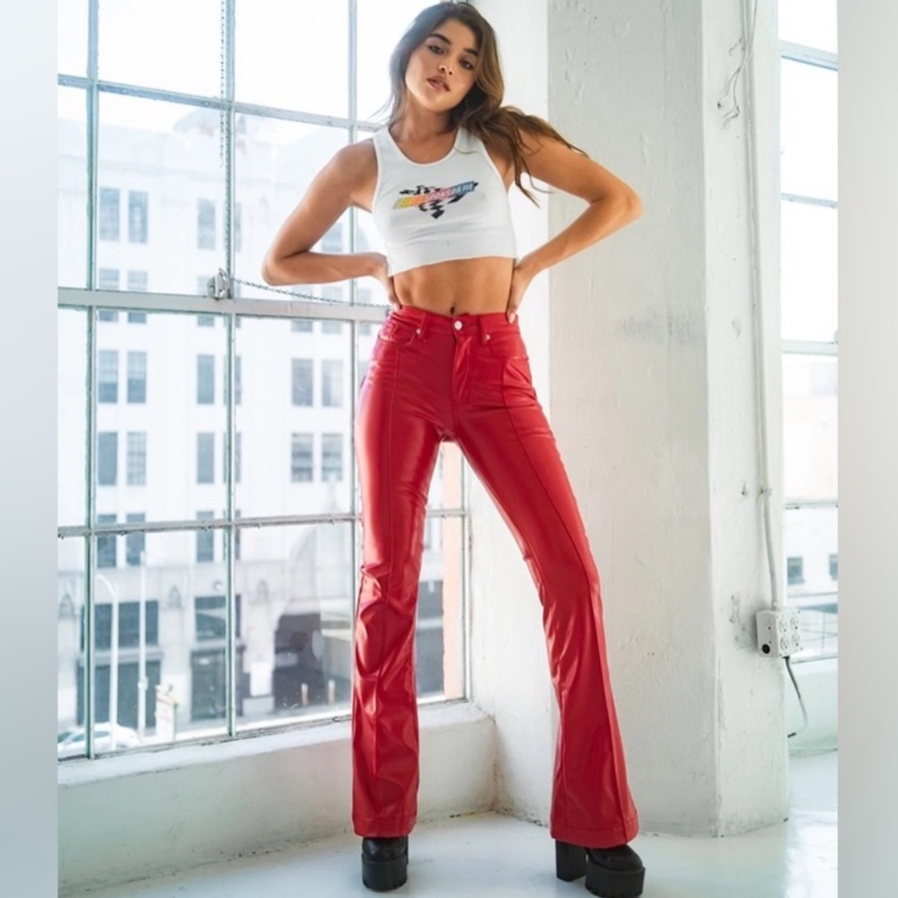 NWT REVICE Denim Venus Flares / X Mars Bold Red Vegan Leather Pants